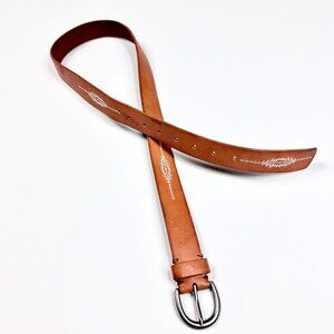 Vintage Boho Tan Leather Belt White Arrow Embroidery L